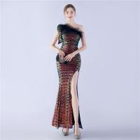 Sequin & Polyester Slim Long Evening Dress side slit & One Shoulder patchwork PC