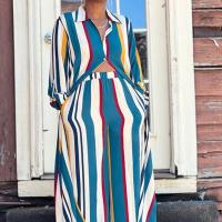 Polyester Plus Size Women Casual Set & two piece & loose Long Trousers & coat striped Set