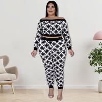 Polyester Plus Size Women Casual Set slimming & two piece Long Trousers & top printed Argyle Set