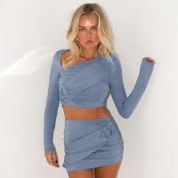 Polyester Slim Two-Piece Dress Set midriff-baring & two piece Solid blue Set