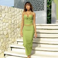 Polyester Two-Piece Dress Set backless & two piece & off shoulder Solid green Set