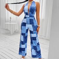 Polyester Long Jumpsuit deep V & backless & loose printed plaid blue PC