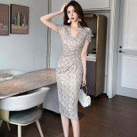Polyester Slim & Step Skirt Sexy Package Hip Dresses patchwork champagne PC