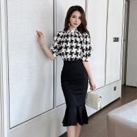 Polyester Slim & Step Skirt Sexy Package Hip Dresses patchwork plaid PC