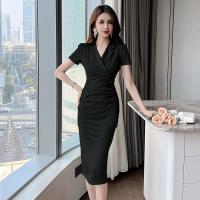 Polyester Slim Sexy Package Hip Dresses back split patchwork Solid PC