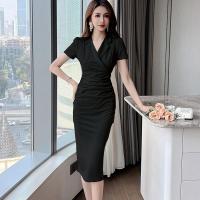 Polyester Step Skirt Sexy Package Hip Dresses back split patchwork Solid white and black PC