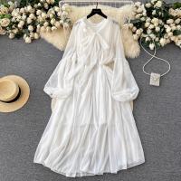 Gauze & Polyester Waist-controlled One-piece Dress large hem design & slimming Solid white : PC