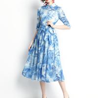 Polyester Waist-controlled Shirt Dress slimming blue PC