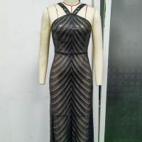 Sequin & Polyester Slim Long Evening Dress backless embroidered black PC