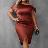 Polyester Waist-controlled & front slit & Plus Size Sexy Package Hip Dresses & off shoulder Solid brown PC