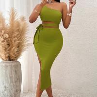 Polyester Slim Sexy Package Hip Dresses side slit & One Shoulder Solid green PC