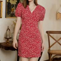 Polyester Waist-controlled & Soft & Slim One-piece Dress printed shivering red PC