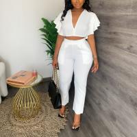 Polyester scallop Women Casual Set deep V Long Trousers & short sleeve blouses patchwork Solid Set
