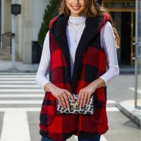 Polyester Women Vest & loose plaid red and black PC