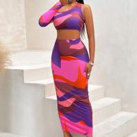 Polyester Two-Piece Dress Set back split & One Shoulder printed fuchsia Set