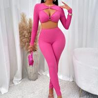 Polyester Women Casual Set & skinny & hollow Long Trousers & long sleeve blouses patchwork Solid fuchsia Set