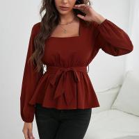 Woven Women Long Sleeve Blouses slimming patchwork Solid wine red PC