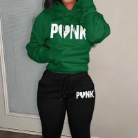 Polyester Women Casual Set & two piece & loose Pants & top printed letter green Set