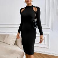 Knitted Slim Sexy Package Hip Dresses side slit patchwork Solid black PC