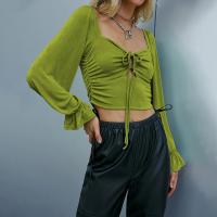 Knitted Women Long Sleeve T-shirt midriff-baring patchwork Solid green PC