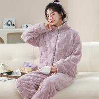 Polyester Winter Pajama Set thicken & two piece & thermal Solid Set