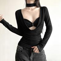 Polyester Slim Women Long Sleeve T-shirt Solid black PC