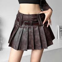 Polyester Pleated & High Waist Skirt brown PC