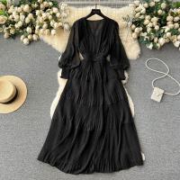 Polyester Pleated One-piece Dress large hem design & deep V Solid : PC