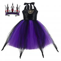 Polyester Ball Gown Children Witch Costume Tiaras & dress patchwork purple and black Set