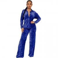 Golden Diamond Velvet & Polyester Women Casual Set slimming & two piece Long Trousers & top Solid Set