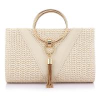 Straw & PU Leather & Zinc Alloy Tassels Handbag with chain & circular ring PC