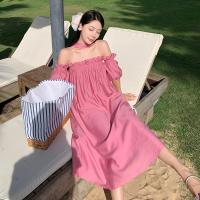 Polyester long style Beach Dress off shoulder & loose Solid pink PC
