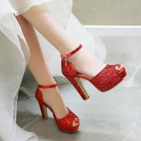 PU Leather & Sequin chunky High-Heeled Shoes Pair