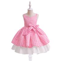 Polyester Ball Gown Girl One-piece Dress Cute hair ring printed plaid pink Set
