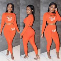 Polyester Women Casual Set midriff-baring & two piece Pants & top printed letter orange Set