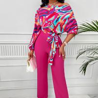 Polyester shoulder slope Women Casual Set slimming Long Trousers & long sleeve T-shirt printed fuchsia Set