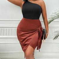 Polyester Plus Size Sexy Package Hip Dresses & off shoulder patchwork Solid brown PC