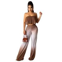 Polyester Women Casual Set midriff-baring & two piece & off shoulder Solid brown Set