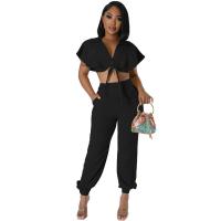 Polyester Women Casual Set midriff-baring & deep V & two piece Solid Set