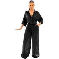 Polyester Soft Women Casual Set deep V & two piece & breathable Solid Set