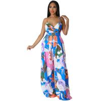 Polyester Wide Leg Trousers Long Jumpsuit deep V & backless printed floral blue PC