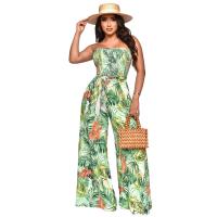 Polyester Wide Leg Trousers & Slim Long Jumpsuit backless printed Plant green PC