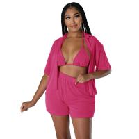 Polyester Soft Women Casual Set deep V & three piece Solid Set