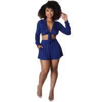 Polyester Soft Women Casual Set deep V & two piece Solid Set