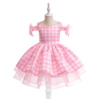 Polyester Soft & A-line Girl One-piece Dress & off shoulder printed plaid pink PC