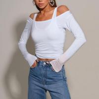 Polyester Slim Women Long Sleeve T-shirt midriff-baring patchwork Solid white PC