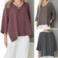 Cotton Linen Women Three Quarter Sleeve T-shirt & loose patchwork Solid PC