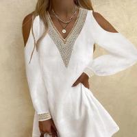 Cotton Linen Slim One-piece Dress & off shoulder & hollow patchwork Others PC