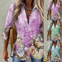 Polyester Slim & Plus Size Women Long Sleeve Shirt printed floral PC