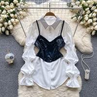 Polyester Women Long Sleeve Shirt slimming & two piece Solid : Set